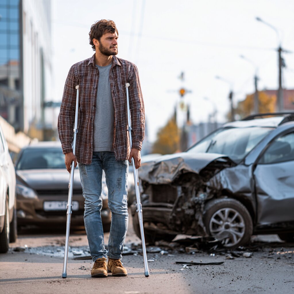 Young man on crutches realizing his car accident claim in California has been denied by the insurance company